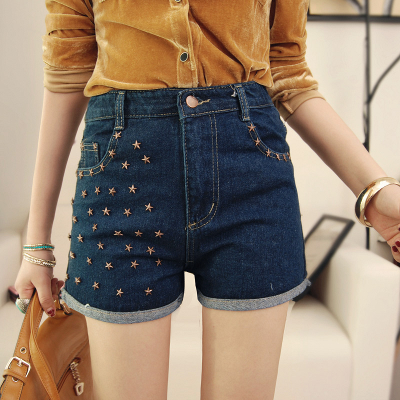 2013 Women british style vintage metal five-pointed star rivet high waist denim shorts boot cut jeans 926