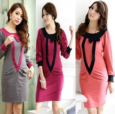 2013 Women Clothing Big Size Korean Sytle Slim Fashion Cotton Dresses With Bow/Size XL XXL XXXL XXXXL/3 color/Free Shipping,C214