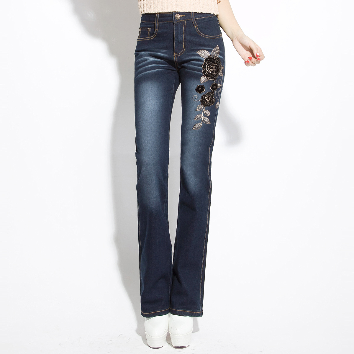 2013 women clothing high quality flock printing female jeans slim embroidery beading embroidered bell bottom jeans for women