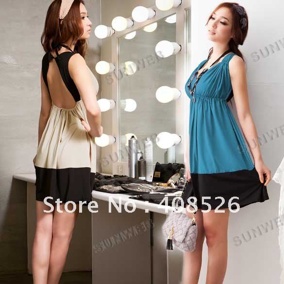 2013 women dresses Sexy Deep V-Neck Sleeveless Beauty Back Pretty Mini Dress Beige/Blue color free shipping 3224