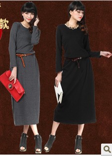 2013 Women fashion long-sleeve dress Lady  basic knitted thickening  skirt with leather belt QY12123113