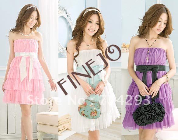 2013 Women Fashion Sexy Sweet Bowknot Layers Petticoat chiffon Dress Tube Purple, White, Pink free shipping 3689