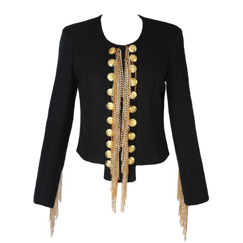 2013 women jacket womens black color luxury brand rock metal chain studded dress party jacket coats outwear  women clothing