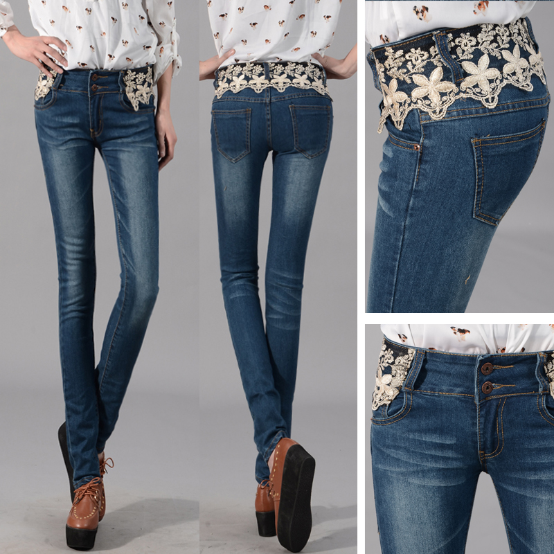 2013 women jeans,lace decoration denim trousers female skinny pants pencil pants tide of elastic plus size,free shipping