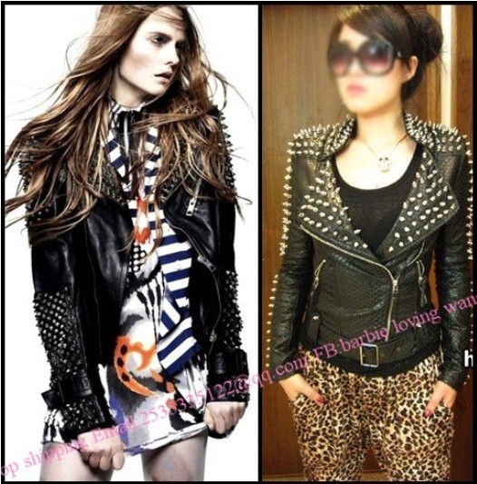 2013 Women Rock Punk Rivets Studded Blazer  3D Rivet Spiked Studded Faux Leather Black Biker Jacket Snakeskin Biker Jacket