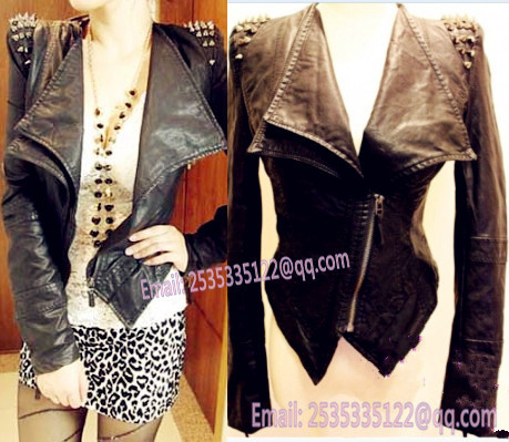 2013 Women Rock Punk Rivets Studded Blazer Coat PU Leather Motorcycle  Spiked Cropped Jacket