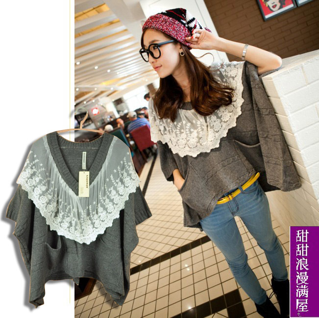 2013 women's 819001 casual all-match lace collar batwing type half sleeve sweater outerwear shirt