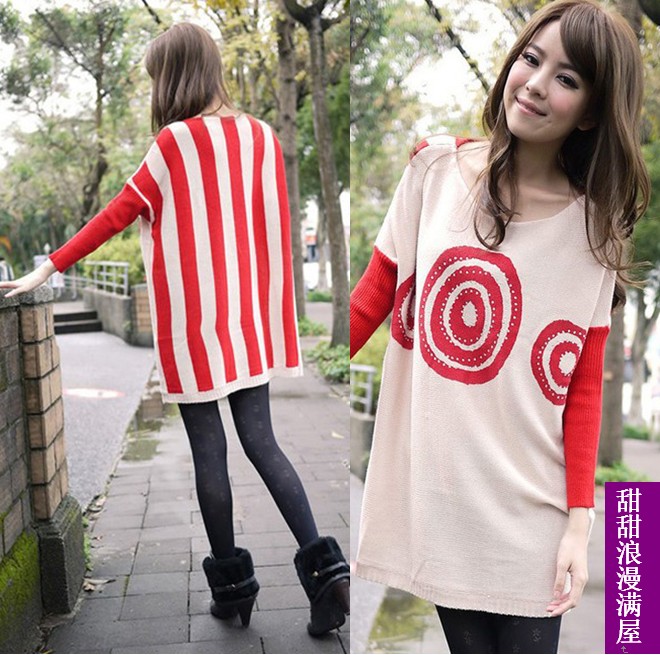 2013 women's 869702 casual all-match color block decoration loose plus size long design sweater outerwear