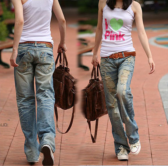 2013 women's a3399 casual fashion personality retro finishing hole denim straight trousers