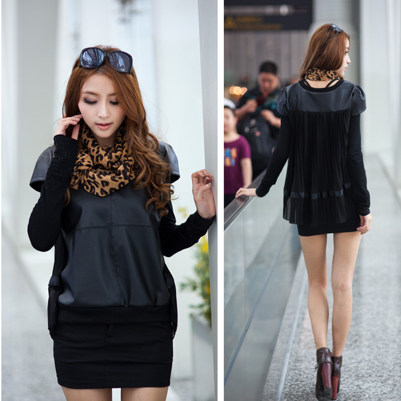 2013 women's autumn new fashion all-match pleated patchwork leather chiffon t-shirt back chiffon long-sleeve top