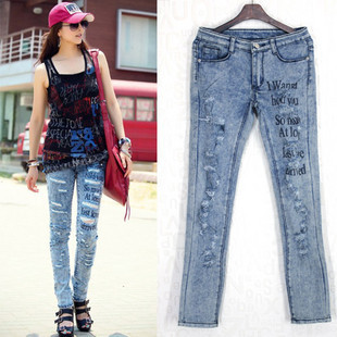 2013 women's autumn street fashion letter distrressed slim skinny pants denim trousers 9228 high quality