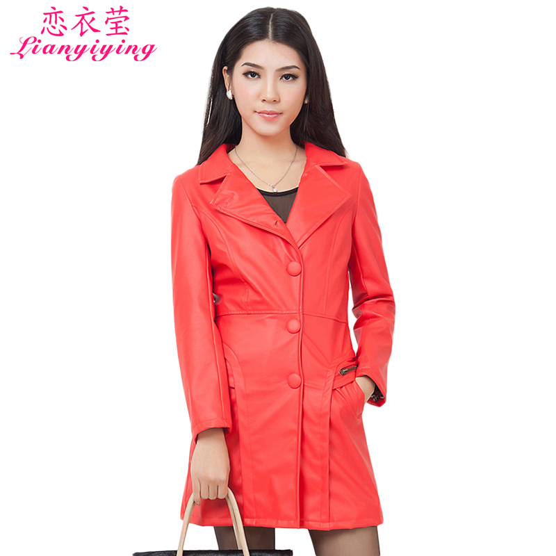 2013 women's autumn trench medium-long women's slim motorcycle water wash PU clothing outerwear Free Shipping