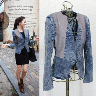 2013 women's autumn winter patchwork slim shoulder pads water wash denim outerwear 9237 high quality