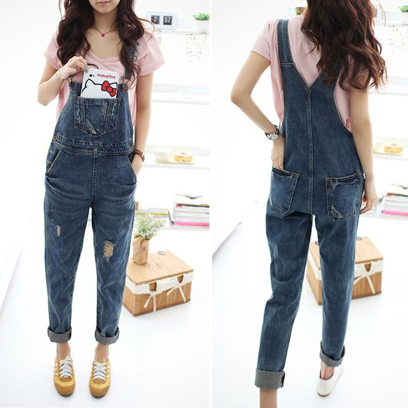 2013 women's bib pants multi-pocket reminisced distrressed loose denim plus size suspenders trousers bib pants cargo pants 9038