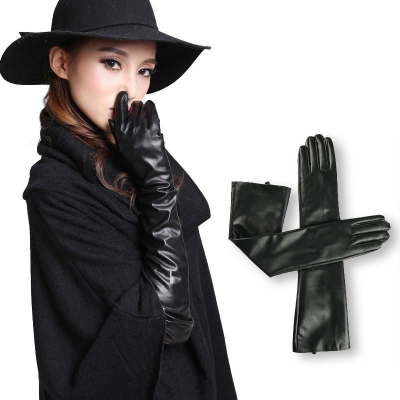 2013 women's black straight leather gloves long design fashion gloves female p1255