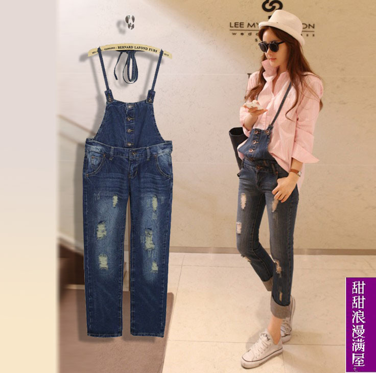 2013 women's c1509 casual all-match hole blue two ways suspenders denim trousers straight pants