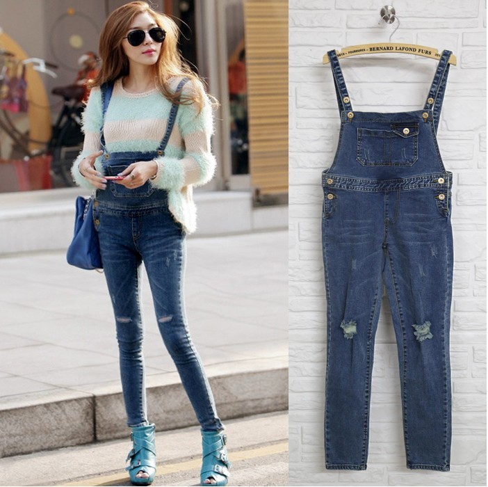 2013 women's c3509 casual fashion slim legs all-match blue denim suspenders trousers