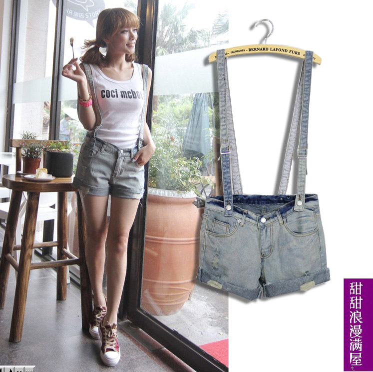 2013 women's c4229 wearing white cool personality disassembly denim suspenders shorts high quality