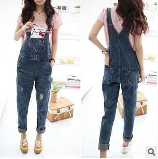 2013 women's c8309 casual all-match blue denim bib pants denim trousers