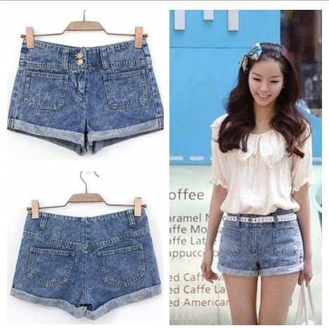 2013 women's casual loose roll-up hem high waist denim shorts pants female