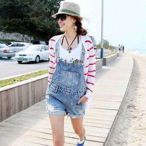 2013 women's casual wash water distrressed roll-up hem denim suspenders shorts jumpsuit