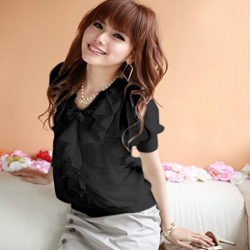 2013 women's chiffon summer spring short sleeve shirt, slim ruffled clothes for OL, free shipping S008