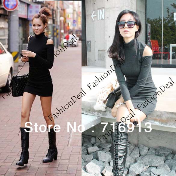 2013 Women's Clinging Tight Fitting Long Sleeve Sexy Polo Neck Cotton Casual Soft Mini Off Shoulder Dress Free Shipping3545