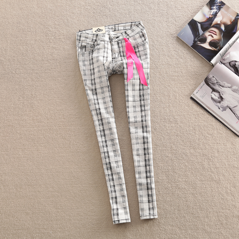 2013 women's color block fashion casual plaid ankle length trousers slim pencil skinny pants