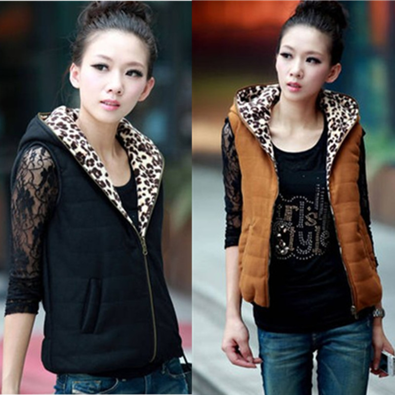 2013 women's cotton vest female fashion hooded reversible leopard print vest female cotton vest