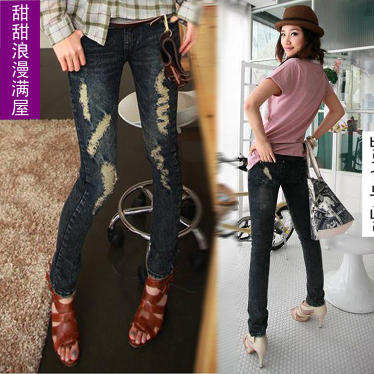 2013 women's d562 casual fashion personality water wash distrressed elastic denim pencil trousers