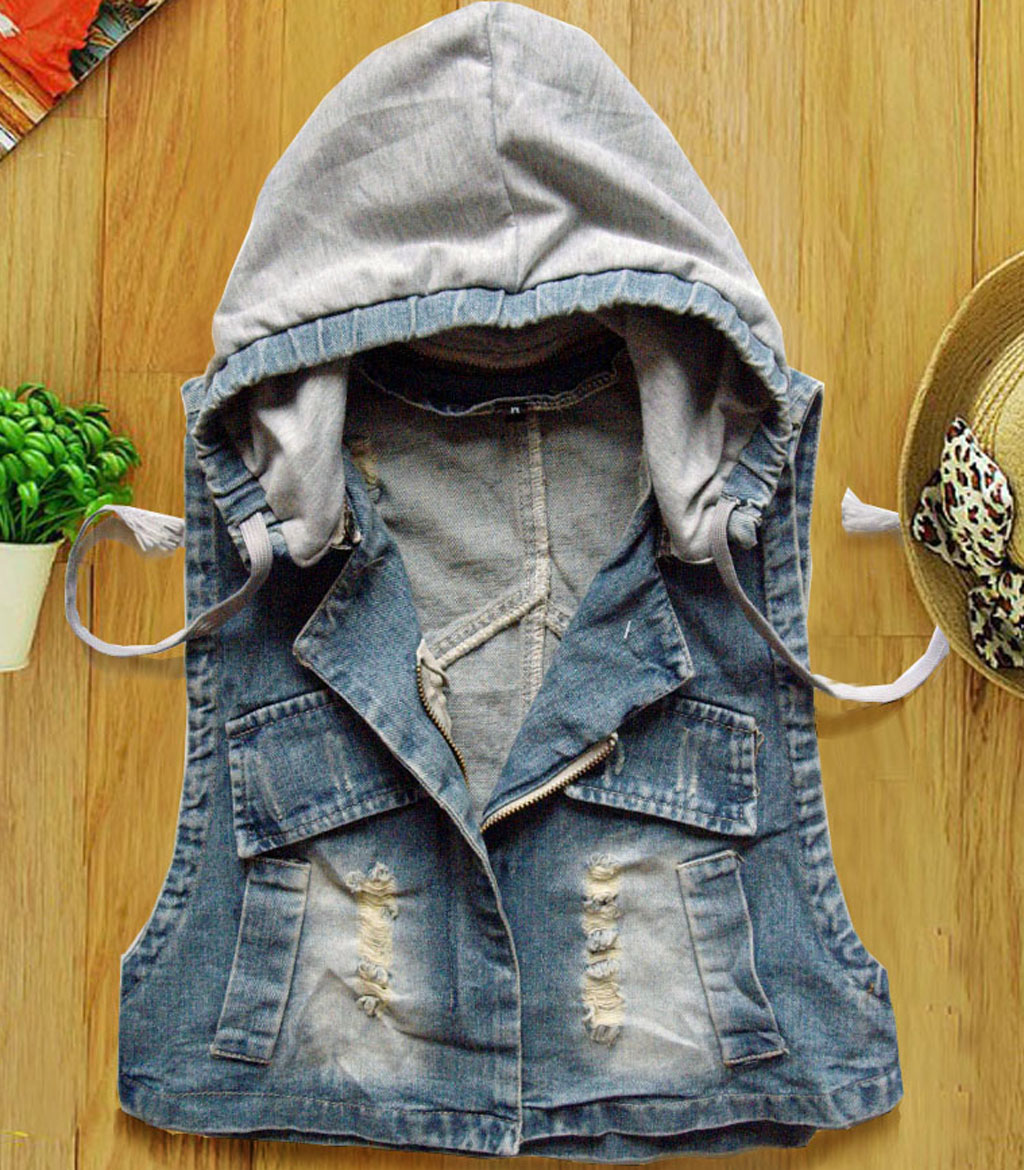 2013 Women's Denim Coat Hooded Zipper Holes Jeans Cowboy Vest WF13031202