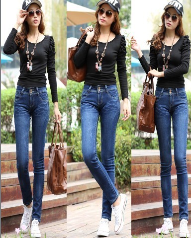 2013 women's elastic double breasted retro finishing denim trousers pencil pants