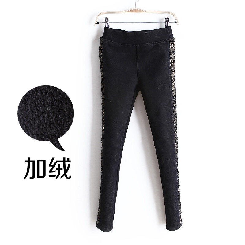 2013 women's elastic waist plus velvet thickening lace cutout skinny jeans wk1557 free shipping