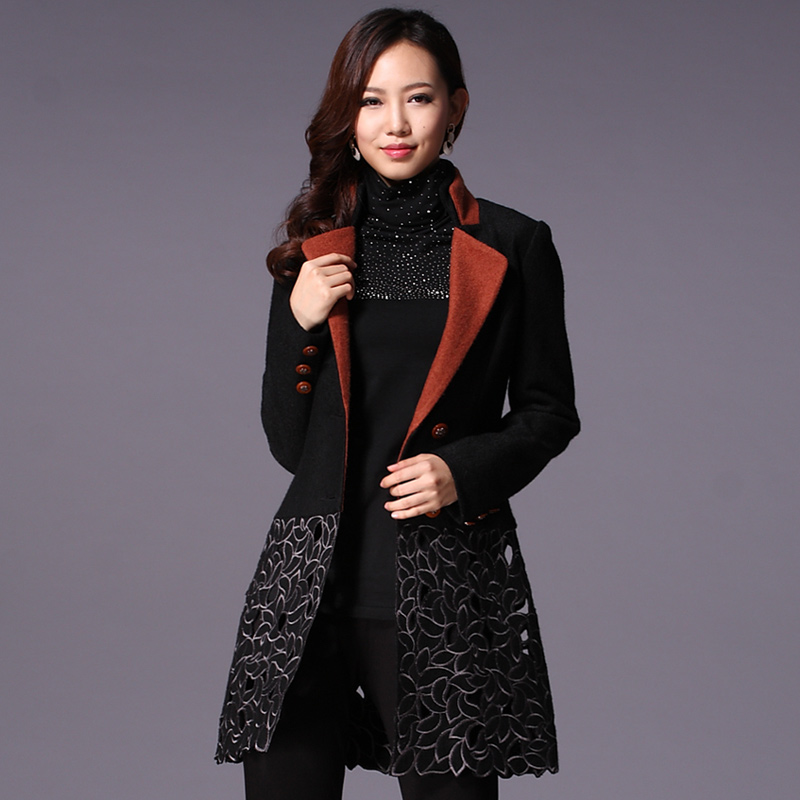 2013 women's european style sweep cutout embroidered slim single breasted wool outerwear trench