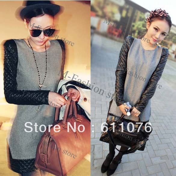 2013 Women's fashion autumn winter black leather sleeve all-match slim patchwork Long Sleeve Dress free shipping 8780