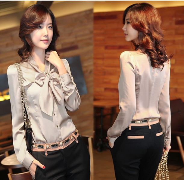 2013 Women's fashion Bow long-sleeve shirt  Lady's blouses women's dress shirt  FREE SHIPPING X004