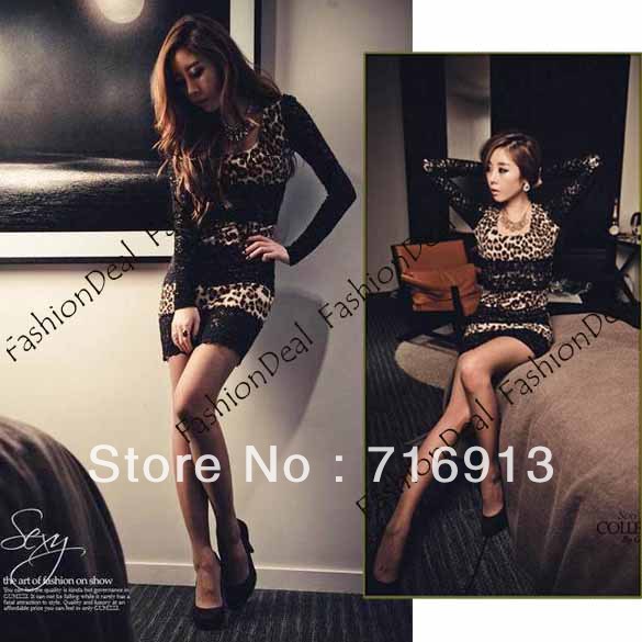 2013 Women's Fashion Leopard Print Trim Party Mini Lace Dress Black one size free shipping 2664