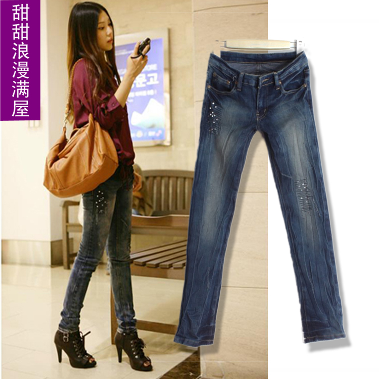 2013 women's fashion personality 87663 water wash crimping elastic denim pencil trousers