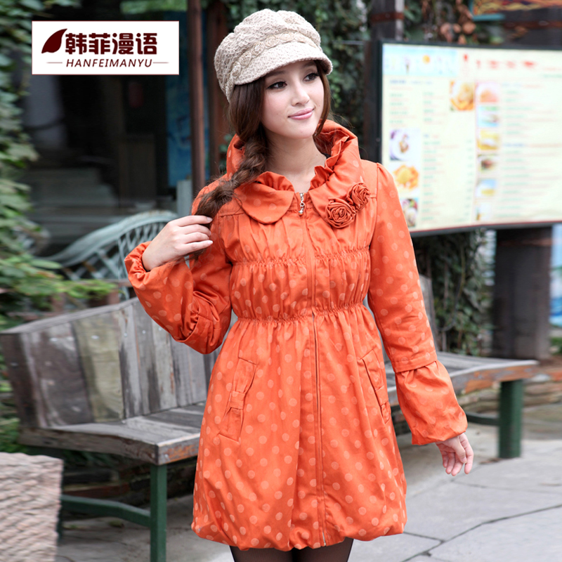 2013 women's fashion polka dot medium-long slim 100% cotton plus size outerwear female trench 1636