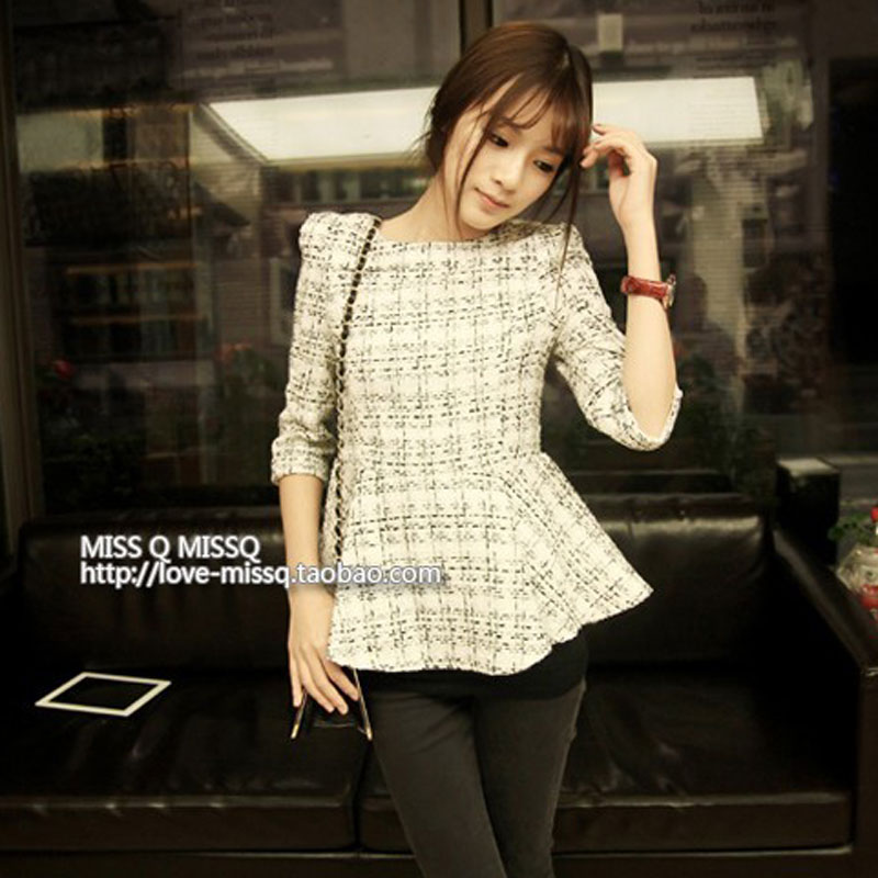 2013 women's fish tail sweep tweed fabric three quarter sleeve slim waist dress small formal t-shirt