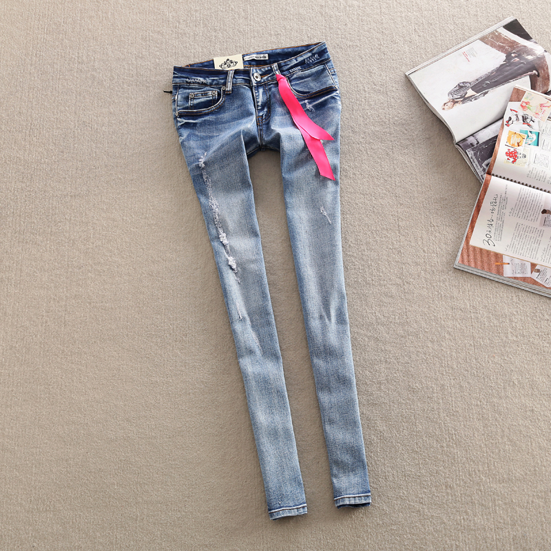 2013 women's fornarina vintage retro finishing hole light blue skinny jeans pants female