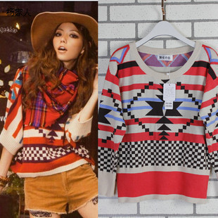 2013 women's geometry multicolour batwing sleeve o-neck pullover sweater