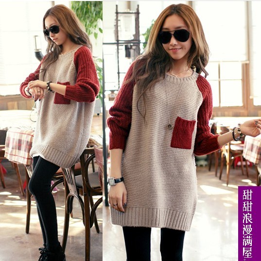 2013 women's h1512 casual all-match small fresh apricot red color block decoration pocket medium-long sweater