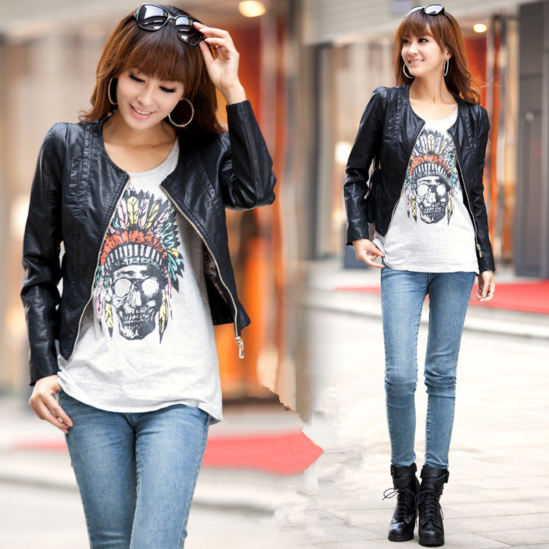 2013 women's leather clothing female short design slim o-neck motorcycle fashion all-match PU clothing 21g3714