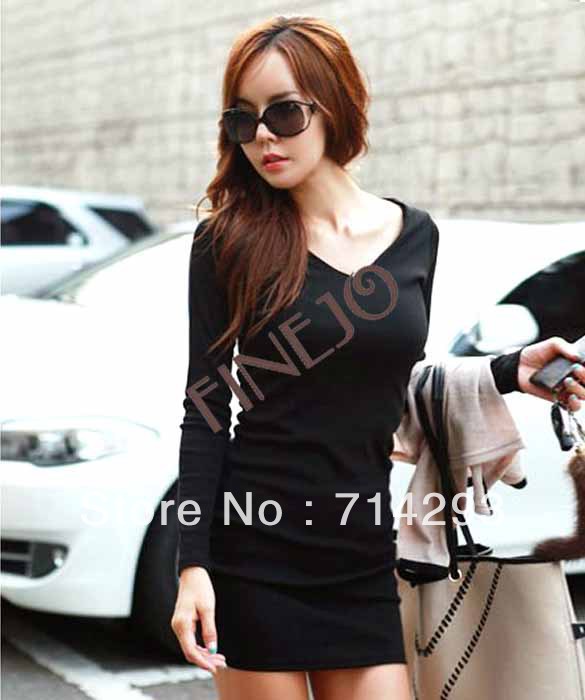 2013 Women's Long Sleeve Sexy Cotton Casual V-Neck Bottoming Dress Black Free shipping 8965