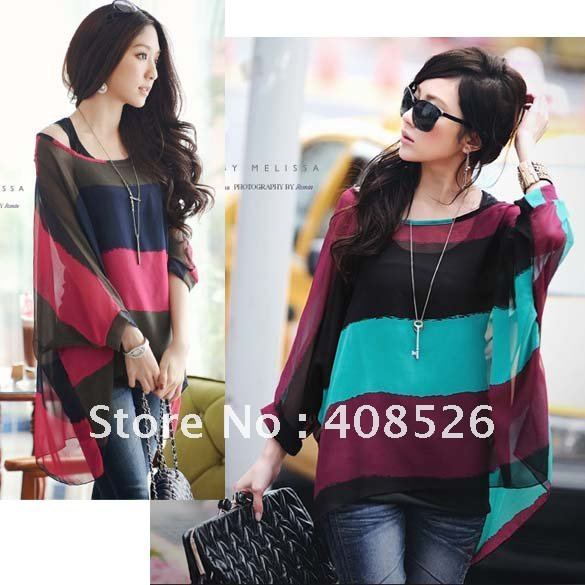 2013 Women's Loose Batwing Shirt Dolman Multicolour Stripe Strander Vest Tops Blouses T-Shirt free shipping 5593