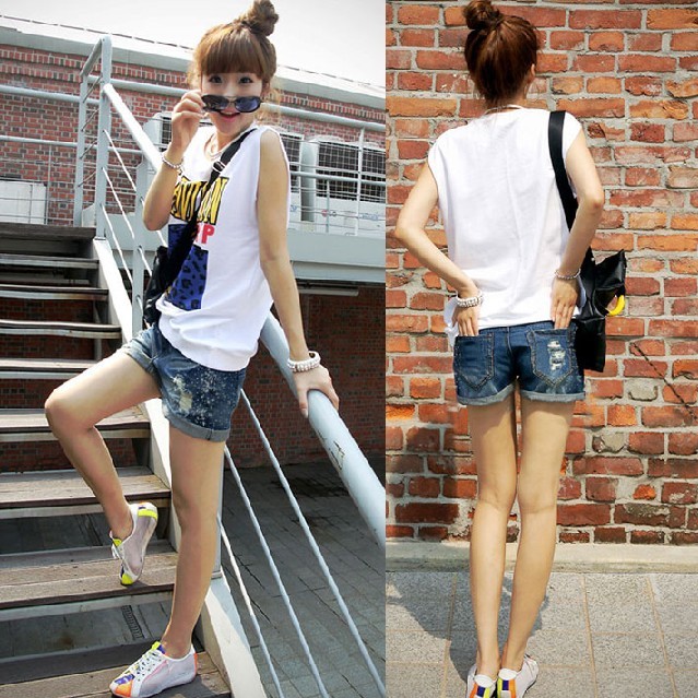 2013 women's loose casual distrressed roll up hem roll-up hem denim shorts hot trousers