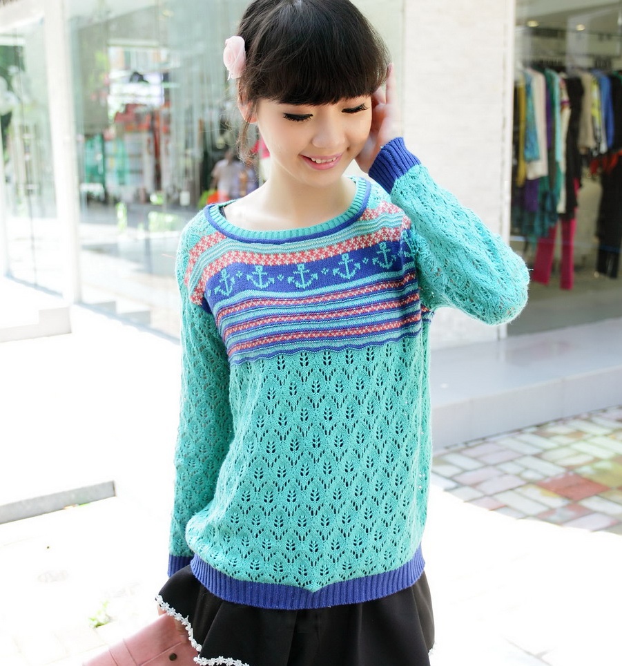 2013 women's marine wind anchor wood button stripe cutout short design sweater Free Shipping