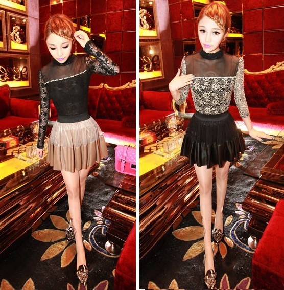 2013 women's mix match gauze patchwork bust skirt leather skirt short skirt a028