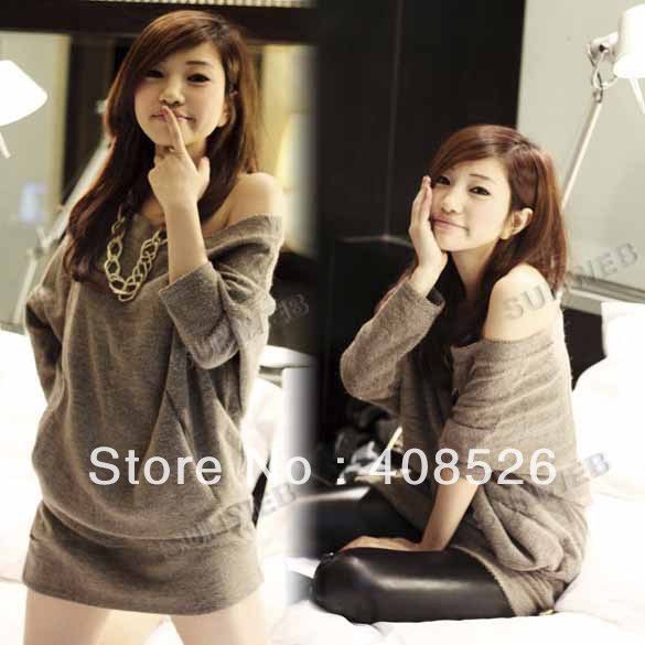 2013 Women's New Cotton Sexy O-neck Batwing Sleeve Top Jumper Loose Knitted Sweater Pullover Coffee free shipping 8776